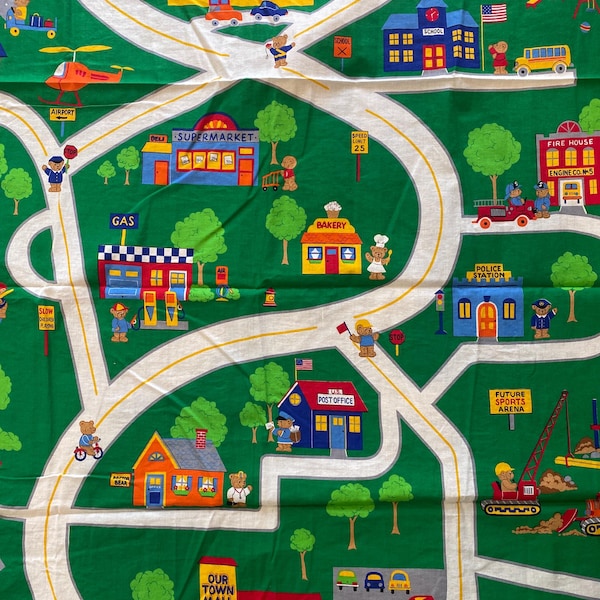 My Town /  Village Roads and Buildings Play Cloth Mat - Green Background - 36" x 44" - Use with Toy Cars / Quilt Top etc