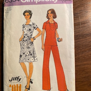 Misses Easy Sew Dress, Tunic Top with Pants Vintage Simplicity 6384  Size 16 - 1974 - Summer Dress - uncut