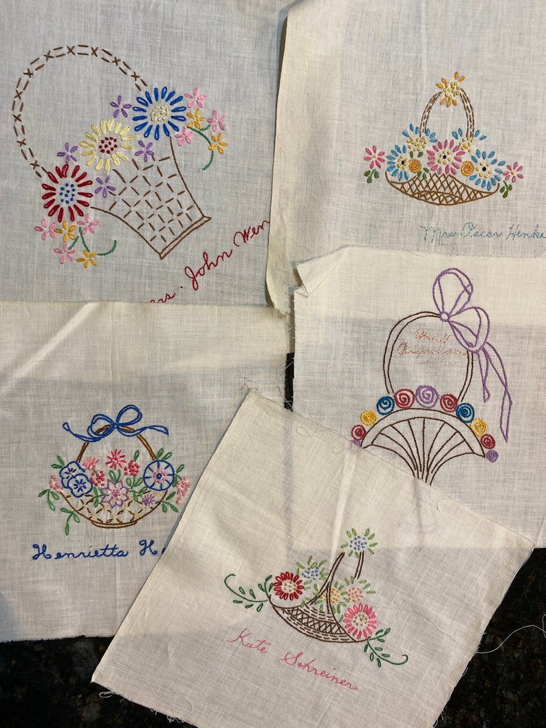Embroidered Basket of Flowers Quilt Block Piece Choose Etsy
