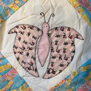 Hand Appliquéd Butterfly Quilt Top / Block Fabric Piece 38&quot; x 41&quot; - 9 blocks - ready to finish into Lap Quilt or enlarge