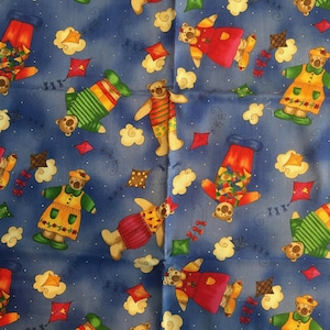 Teddy Bear Fun Children&#39;s Print Vintage fabric 60&quot; long x 45&quot;  Blue Background with Various Teddy Bears in vibrant colors