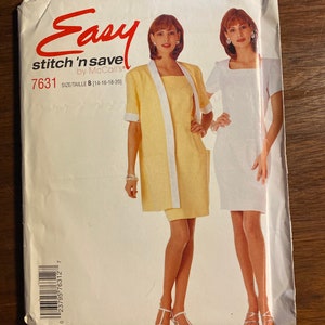 Misses Shift Dress & Jacket McCall&#39;s Stitch &#39;N Save 7631 Patrón fácil - Tamaño adulto A (14, 16, 18, 20) Líneas clásicas - 1995