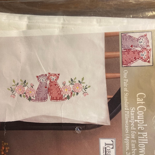 Cat Couple Pillow Cases Ready to Cross Stitch - Tobin Home Crafts -  MM21166 Pre Stamped Ready to Embroider - Unopened Pillowcase