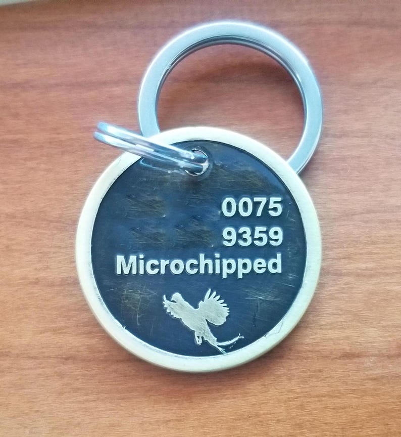 May include: A round, silver-colored pet tag with a black background. The tag has the numbers 0075 and 9359, the word "Microchipped", and a silhouette of a bird.