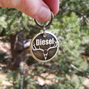 May include: Brass dog tag with a deer skull and antlers design. The tag is engraved with the name "Diesel".
