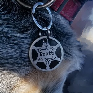 May include: A silver dog tag with a black star and the name "Pratt" inscribed on it.