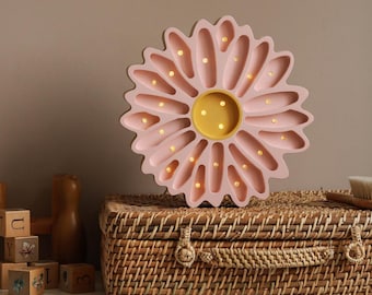 Flower Wooden Lamp Daisy White Night Light LED Kids Room Boho Decor Handmade Lamp for Girl Nursery Boho Kids Room Gift for Girl Baptism