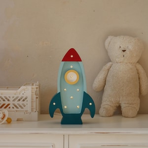 Adorable Space Rocket Mini Lamp for Nursery Decor- HandmadeSpace Adventure Decor for Kids Room - Handcrafted Wooden Nursery Lamp