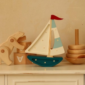 Wooden Sailboat Night Light – Ocean Themed Nursery Lamp – Coastal Baby Room Decor –LED Bedside Lamp and Wall Light–Sea Animal Decor for Kids