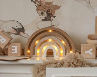 Wooden Rainbow Night Light Toddler Bedroom Lamp Montessori Baby Room Decor Pastel Cappuccino Rainbow Baby Lamp Nursery Room Decor Brown Room