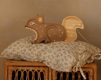 Wooden Squirrel Night Light Forest Decor for Kids' Room Handmade Lamp Bedside Table Lamp and Wall Lamp Montessori Lighting Woodland Whimsy