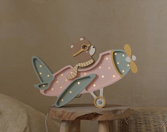 Wooden Night Light Retro Aircraft Lamp Nursery Pink Decor Handmade Travel & Adventure for Kids Room Bear in Airplane Lamp Pilot Bear