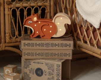 Adorable Mini Squirrel Lamp for Nursery Decor - Handmade Woodland Theme Lighting for Kids Room Wooden Nursery Lamp Unique Baby Gift Woodland