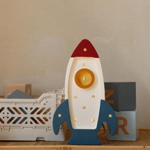 Adorable Space Rocket Mini Lamp for Nursery Decor- HandmadeSpace Adventure Decor for Kids Room - Handcrafted Wooden Nursery Lamp