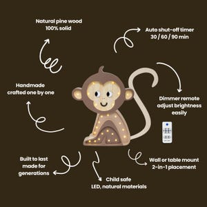 Wooden Monkey Night Light for Kids Jungle Safari Nursery Decor Handmade Lamp Baby Shower Gift Boys' Room Jungle Style Monkey Decoration Ape image 2