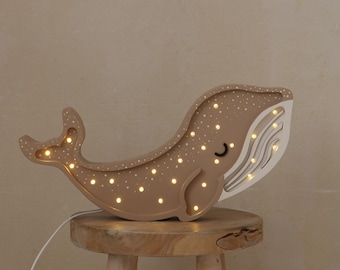 Wooden Whale Night Light Ocean Themed Nursery Lamp Coastal Baby Room Decor LED Bedside Lamp Wall Light Sea Animal Decor Kids Wooden Whale