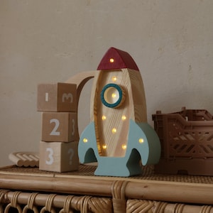 Adorable Space Rocket Mini Lamp for Nursery Decor- HandmadeSpace Adventure Decor for Kids Room - Handcrafted Wooden Nursery Lamp