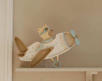 Adorable Vintage Aircraft Lamp Nursery Decor Handmade Travel & Adventure Decor for Kids Room Bear in Airplane Lamp Pilot Bear Baby Boy Gift