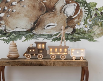 Wooden Train Night Light for Kids – Handmade Nursery Lamp Baby Room Lighting – Baby Shower Gift Personalized Decor Boys Room Choo Choo Train