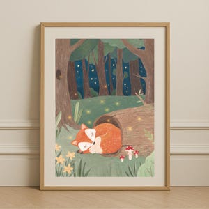 Woodland Fox Art Print Cozy Forest Nursery Decor Sleepy Fox Illustration Baby Room Wall Art for Kids Room Printable Art Digital Download