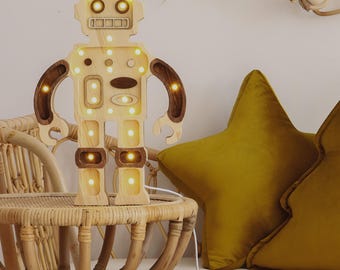 Little Lights Wooden Robot Lamp – Handmade LED Night Light for Kids – Retro Nursery Decor – Gift for Boys & Girls – Sci-Fi Room Accent