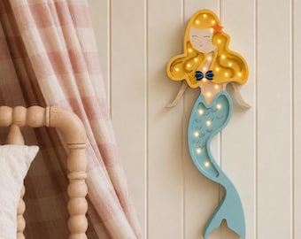 Wooden Night Light Mermaid Dimmable Lamp for Girls Magical Ocean-Inspired Nursery Decor Blond Gift Ocean Beach Coastal Room Wall Decoration