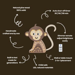 Wooden Monkey Night Light for Kids Jungle Safari Nursery Decor Handmade Lamp Baby Shower Gift Boys' Room Jungle Style Monkey Decoration Ape image 12