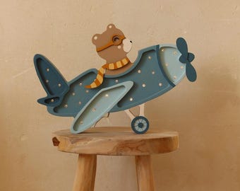 Wooden Night Light Retro Aircraft Lamp Nursery Blue Decor Handmade Travel & Adventure for Kids Room Bear in Airplane Lamp Pilot Bear