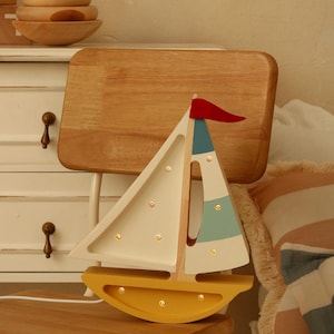 Wooden Sailboat Night Light – Ocean Themed Nursery Lamp – Coastal Baby Room Decor –LED Bedside Lamp and Wall Light–Sea Animal Decor for Kids