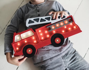 Little Lights Wooden Fire Truck Lamp – Handmade LED Night Light for Kids – Firefighter Nursery Decor – Gift for Brave Boys and Girls