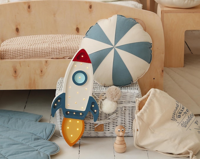 Wooden Space Ship Night Light Little Astronaut Kids Room Space Theme White Lamp Explorer Personalized Decor Cosmic Rocket Boys Room Galactic