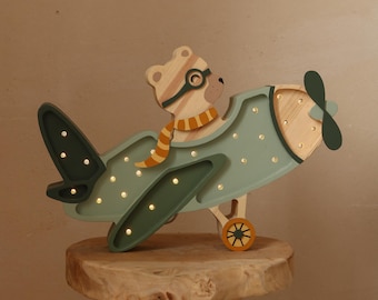 Wooden Night Light Retro Aircraft Lamp Nursery Green Decor Handmade Travel & Adventure for Kids Room Bear in Airplane Lamp Pilot Bear
