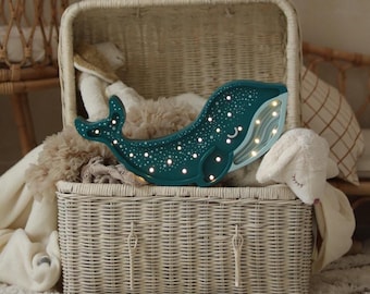Wooden Whale Night Light Ocean Themed Nursery Lamp Coastal Baby Room Decor LED Bedside Lamp Wall Light Sea Animal for Kids Nautical Gift