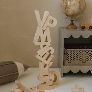 Letras do alfabeto de madeira para crianças - Decoração personalizada - Letras de madeira educativas - Presente Montessori - Blocos de madeira Waldorf