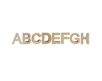 May include: Wooden letters spelling out "ABCDEFGH" in a light brown color. The letters are in a sans-serif font and are evenly spaced. The background is plain white.