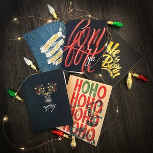 Art de la carte de Noël festive - Téléchargement numérique pour les vœux de Noël, illustrations magiques de Noël, cartes imprimables instantanées, CINQ INCLUS