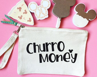 Churro Money 6 x 9 canvas pouch, wristlet, park bag, zipper pouch, snack bag, funny bag, gifts for her, vacation bag, Disney snacks, wallet