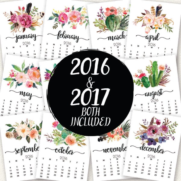 Watercolor Floral Calendar, 2016 Calendar, 2017 Calendar, Floral Wall Art. Printable Calendar, Month Year Desk Watercolor Calendar, Calendar