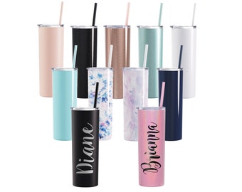 Personalized Skinny Insulated Tumbler with Straw, Bridesmaid Gift, Girl's Trip Tumbler, Monogram Tumbler, Tumbler with Straw, Custom Tumbler