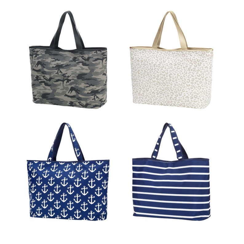 May include: Four different tote bags with various patterns. The first bag is camouflage, the second is leopard print, the third has a navy blue background with white anchors, and the fourth has a navy blue and white striped pattern.