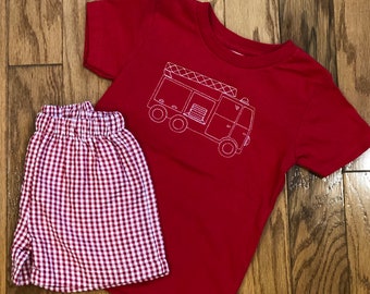 Fire truck boys shirt, custom boys fire truck shirt, Fire truck Embroidered boys Shirt, Vintage Sketch Embroidered Boys shirt