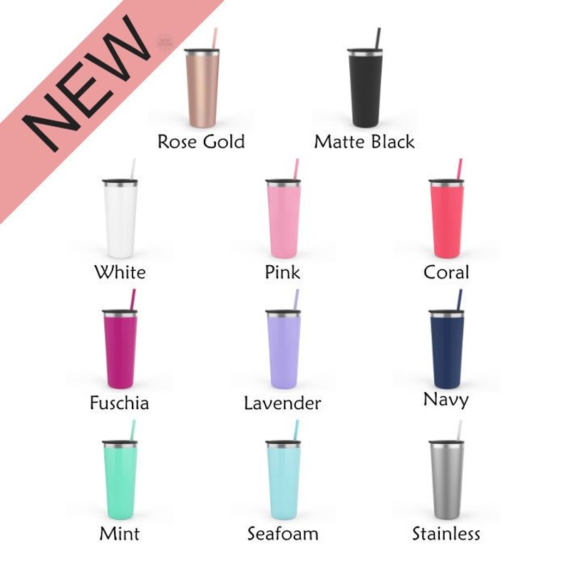 May include: Assortment of 10 colors of stainless steel tumblers with lids and straws. Colors include rose gold, matte black, white, pink, coral, fuchsia, lavender, navy, mint, and stainless steel.