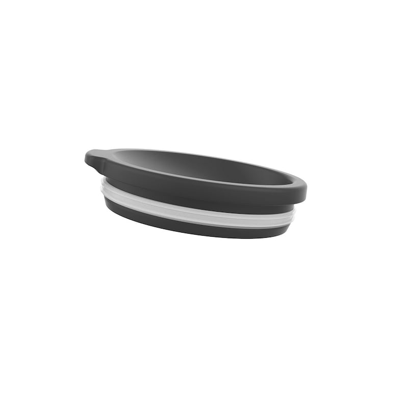 May include: A black silicone lid with a white silicone ring around the edge. The lid has a small handle on the side.