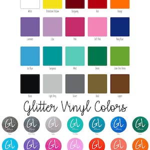May include: A chart showing solid and glitter vinyl colors. The solid vinyl colors include white, brimstone yellow, burgundy, red, orange, lavender, lilac, pink, soft pink, navy blue, ice blue, turquoise, mint, green, lime-tree green, black, light grey, silver, gold, and copper. The glitter vinyl colors include black, dust grey, silver, tiff blue, mint, blue, green,  flamenco blue, purple, melon, flamenco pink, red, coral, orange, rosy gold, gold, champagne, and white.