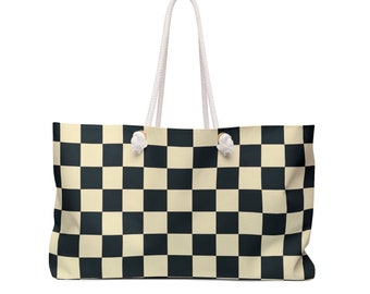 Bolso de fin de semana Bolso de mano a cuadros Bolso de mano a cuadros negro y crema Bolso de viaje nocturno Bolso de moda Tote