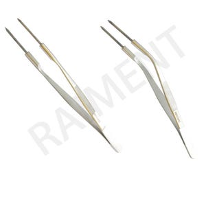 May include: Two pairs of silver-toned surgical tweezers with pointed tips. The tweezers are curved and have a textured grip.