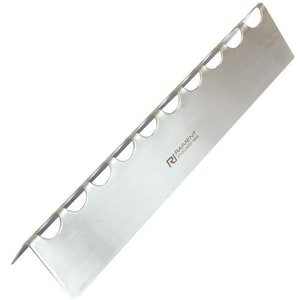 May include: A stainless steel corner bracket with a series of semi-circular cutouts along one edge. The bracket is bent at a 90-degree angle and features the text "RAIMENT Industries".