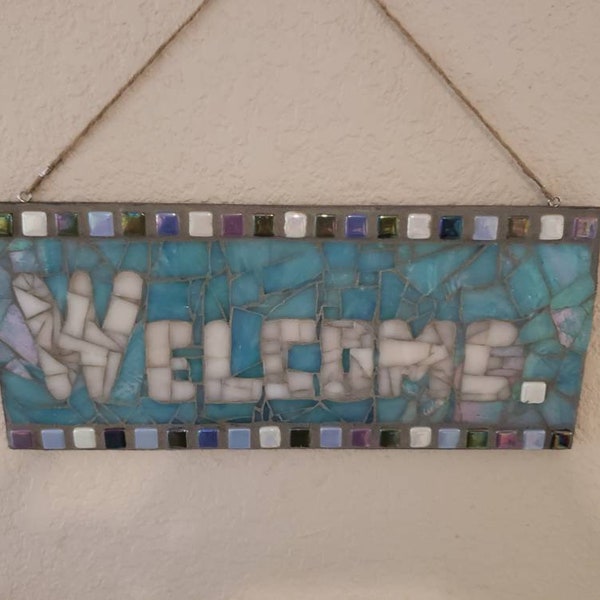 Hanging Mosaic Welcome sign - white on turquoise with grey grout