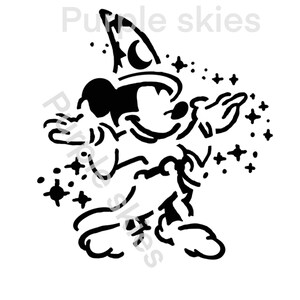 Peut inclure: Illustration en noir et blanc de Mickey Mouse portant un chapeau de sorcier et lançant un sort. Il est entouré d'étoiles.