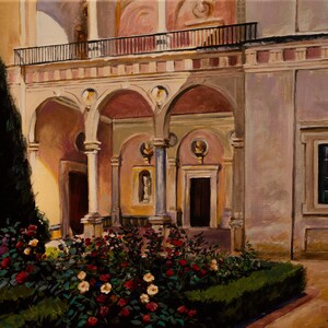 Andalusian Courtyard , 12 x 16&quot; Acrylic Painting by Jose M. Blanco. Architecture Gardens and Spanish Courtyards